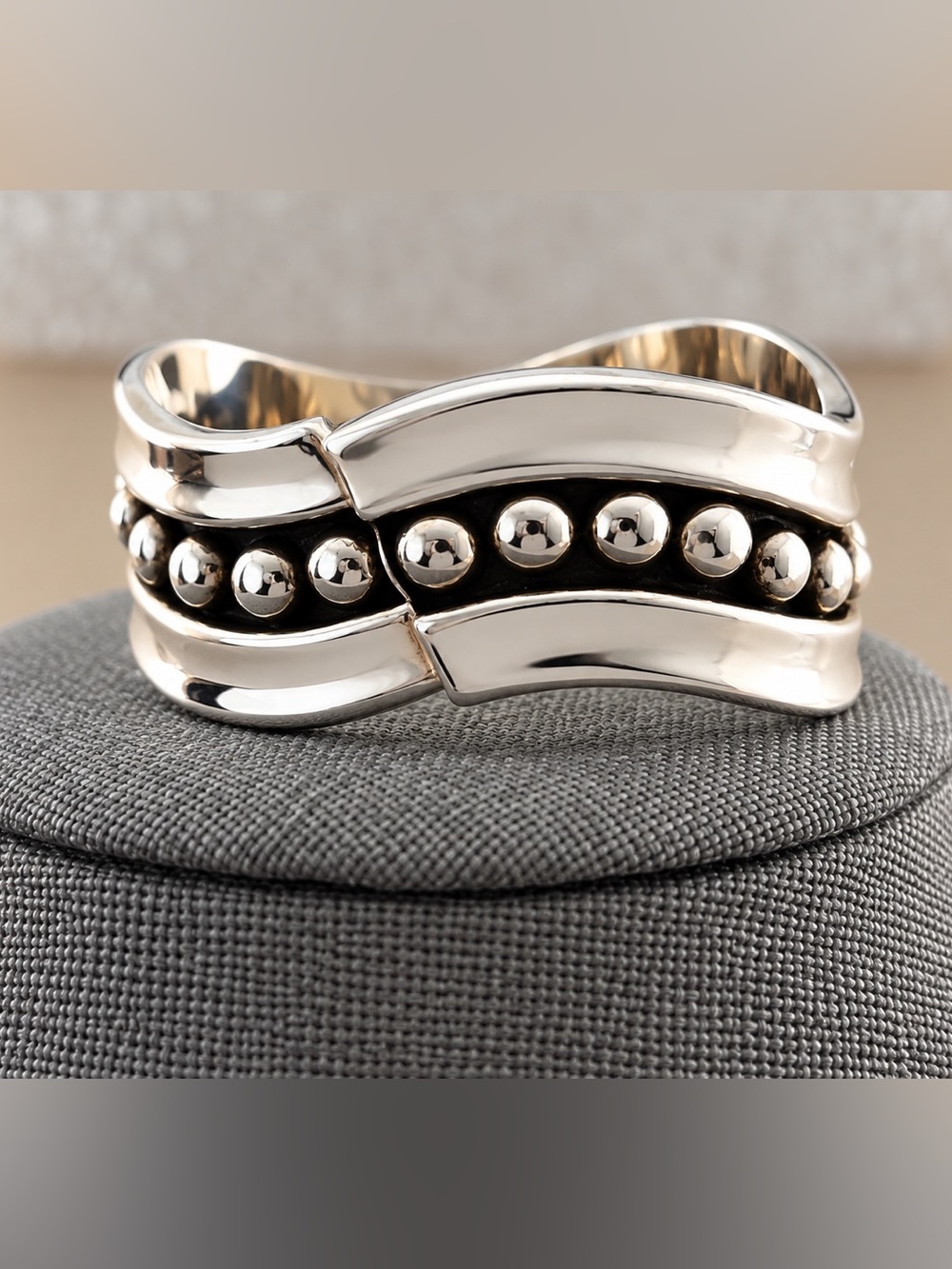 Taxco Silver Bead Accent Spring Cuff Bracelet